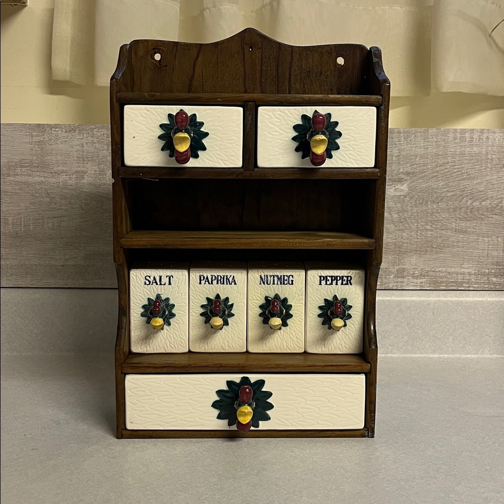 Vintage rooster ceramic and Wooden Spice Rack with  Drawers and shakers.